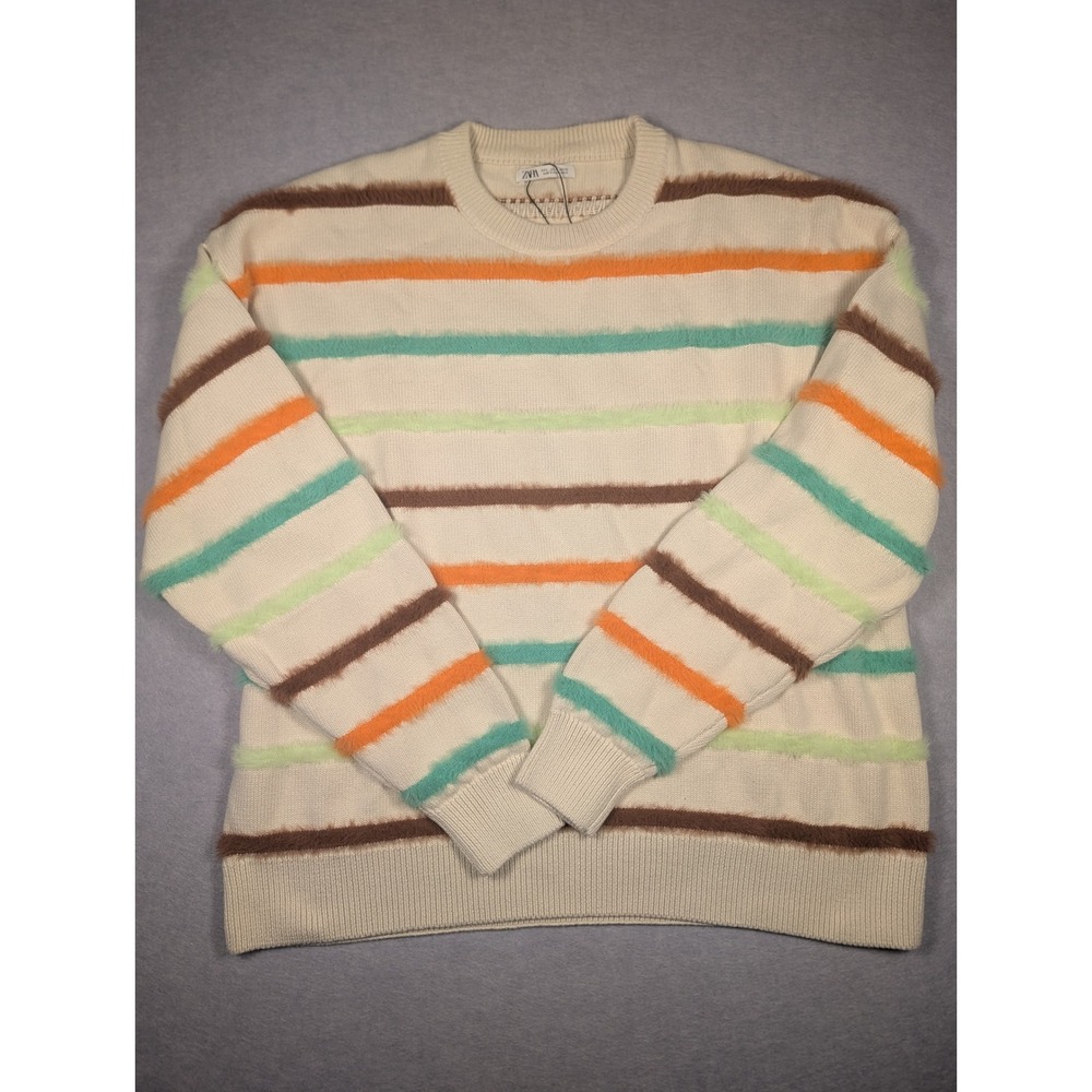 Zara Striped Sweater Mens Large Cream Multicolor Fuzzy Texture Insta Fav NWOT